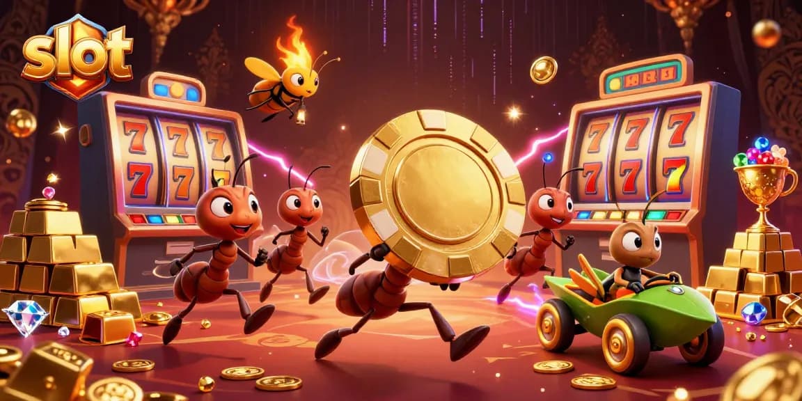 Engaging slot scene with a cartoon ant team heisting a giant poker chip in a vibrant casino