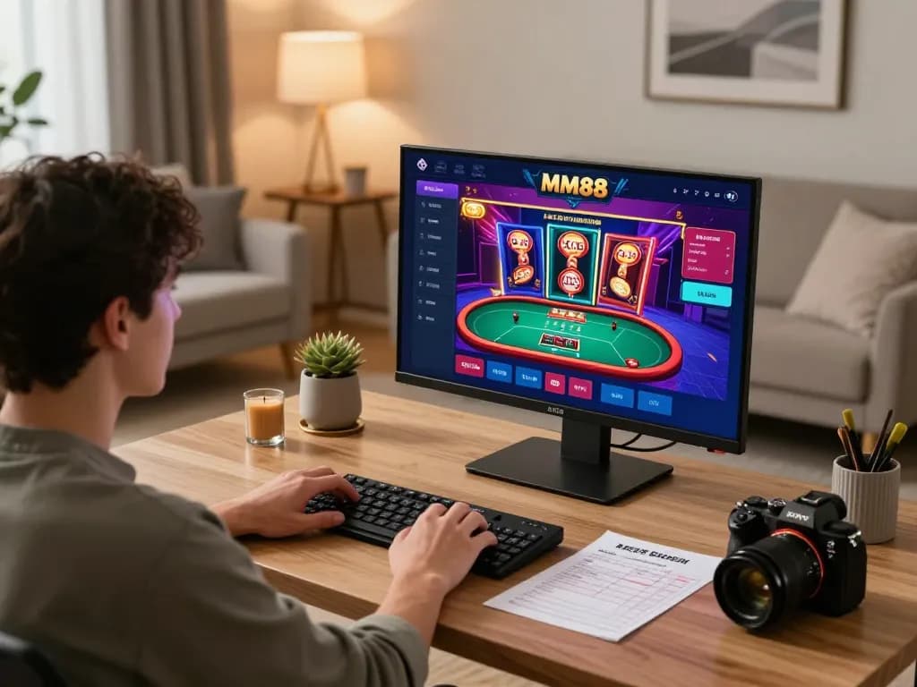 Engaging in online casino gaming with MM88 from a cozy home setup featuring vibrant games on the screen.