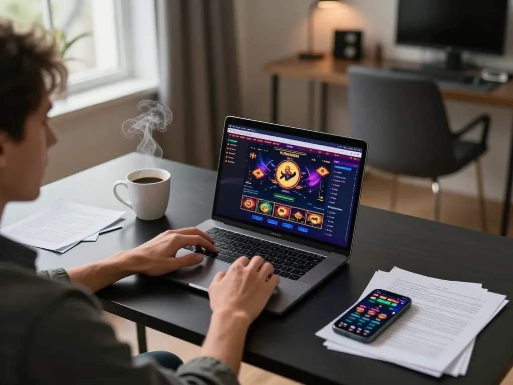 Player using CasinoAtlas for online casino games on a laptop in a cozy home setting.