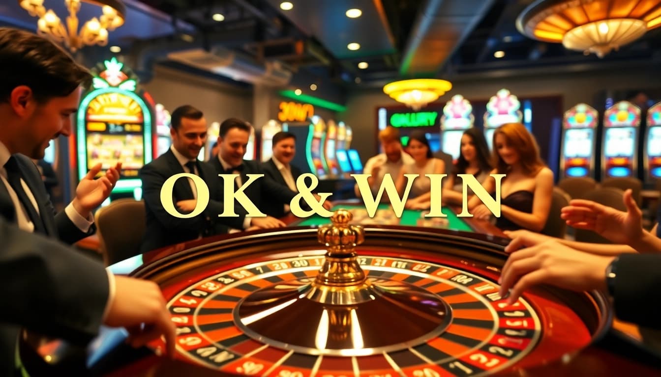 Action-packed casino scene highlighting an intense game of roulette with OK WIN chips on the table.