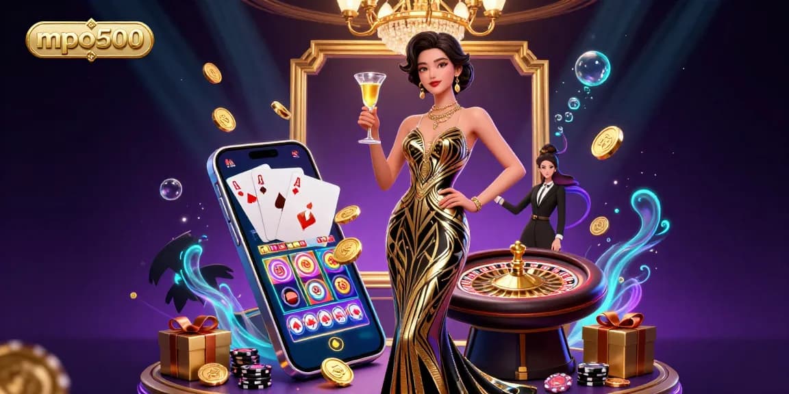 Experience the excitement of mpo500 with a glamorous Asian woman enjoying a golden casino night.