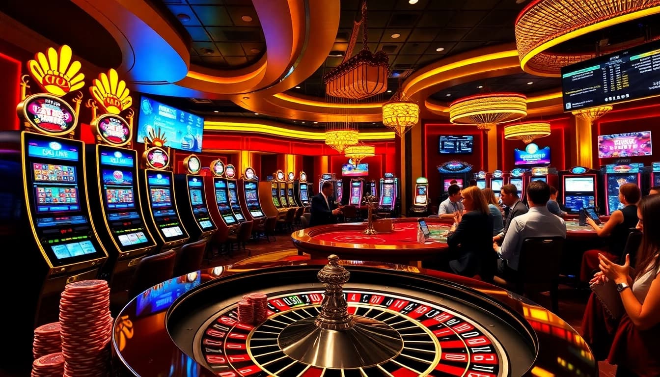 The excitement of gaming at Bro138 with players cheering by the roulette table and colorful slot machines.