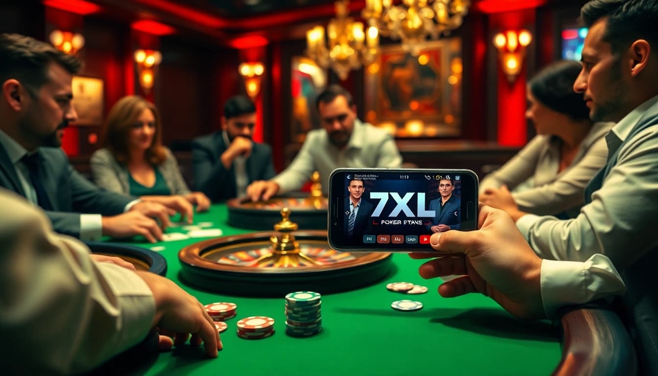 Intense poker game at a casino table featuring 7xl app and chips for strategic players.