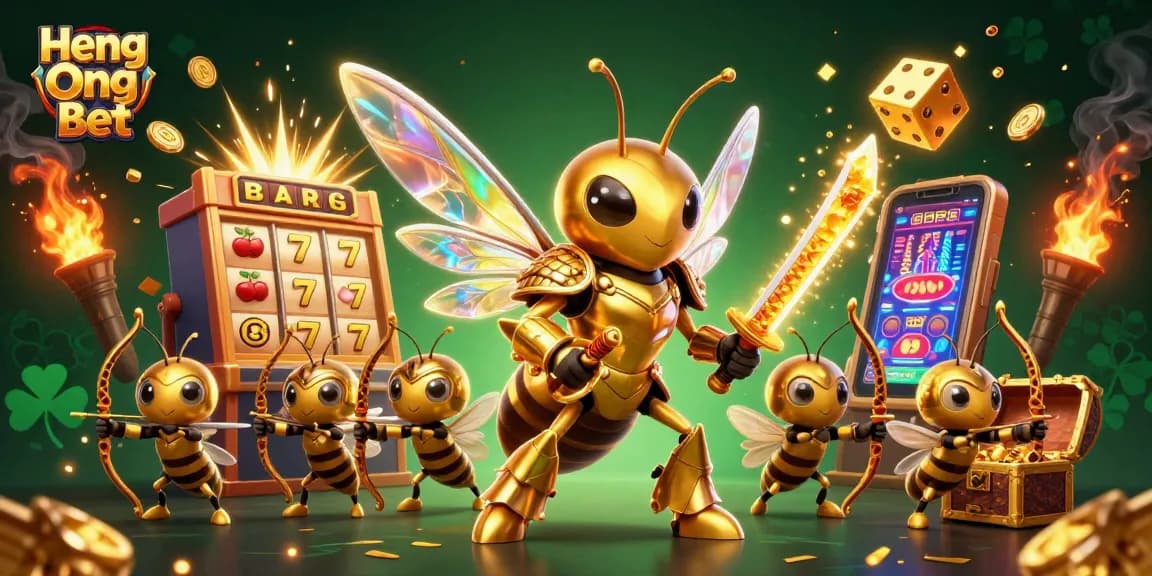 Join the excitement of Heng Ong Bet with a vibrant casino-themed illustration featuring jackpots and slot machines.