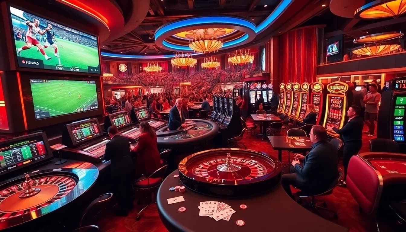 Bettors enjoying แทงบอล at a vibrant casino, featuring thrilling sports screens and chic gaming tables.