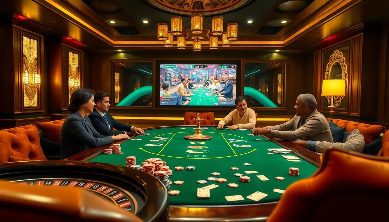 Engaging game of poker on ClubGG platform with friends in a luxury casino setting.