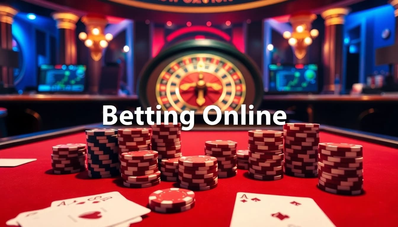 Experience Betting Online Now with a luxurious casino scene featuring poker chips, cards, and a roulette wheel.