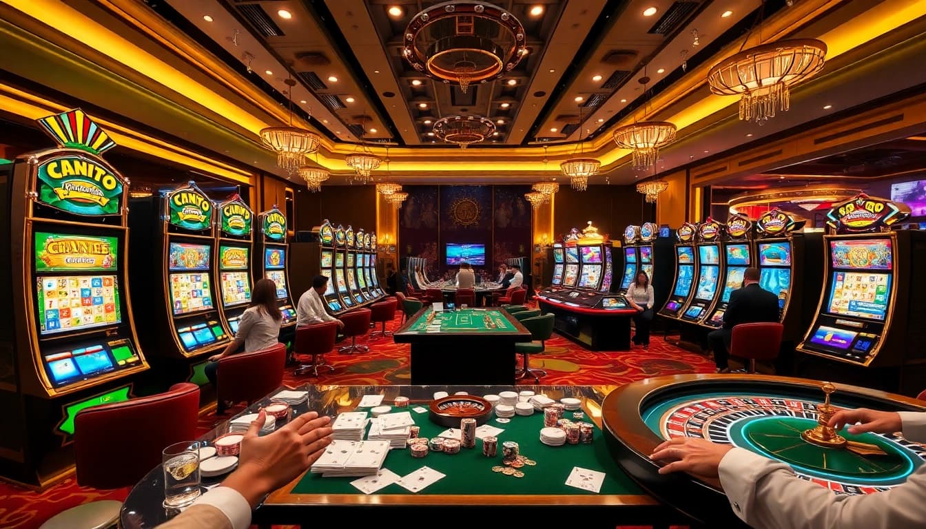 IDN slot machines illuminating a vibrant casino scene with players enjoying high-stakes gameplay.