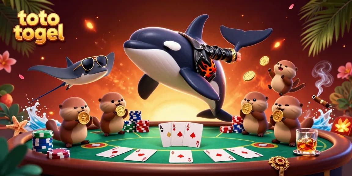 Spin the excitement at toto togel with an orca, stingray, and otters in a dynamic gambling scene.