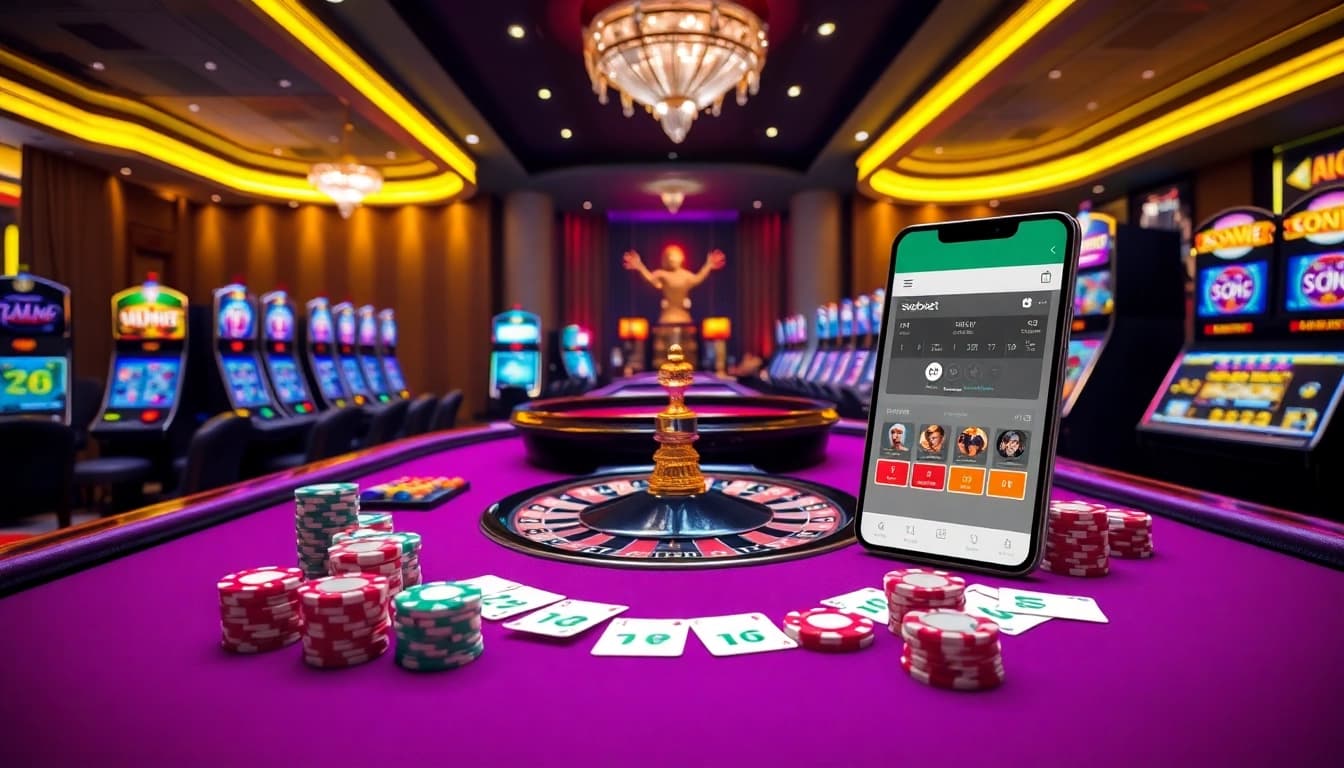 SboBet mobile interface displayed on a smartphone amid vibrant casino gaming elements.