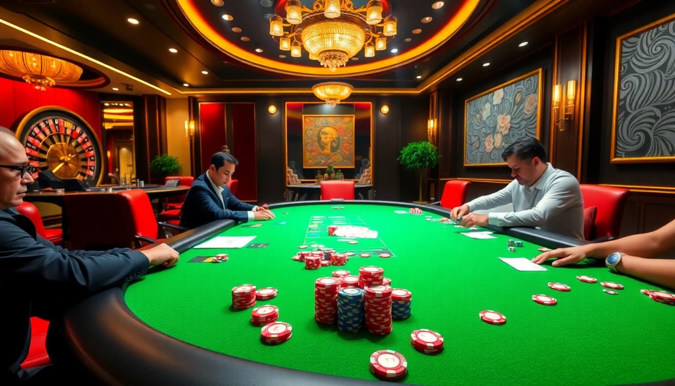 Experience thrilling gameplay at a poker table with Daftar Modal138, showcasing vibrant chips and intense players.
