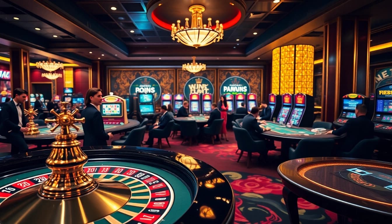 Experience the excitement of gambling at https://debet.hot/ with players engaged at elegant casino tables and vibrant slot machines.