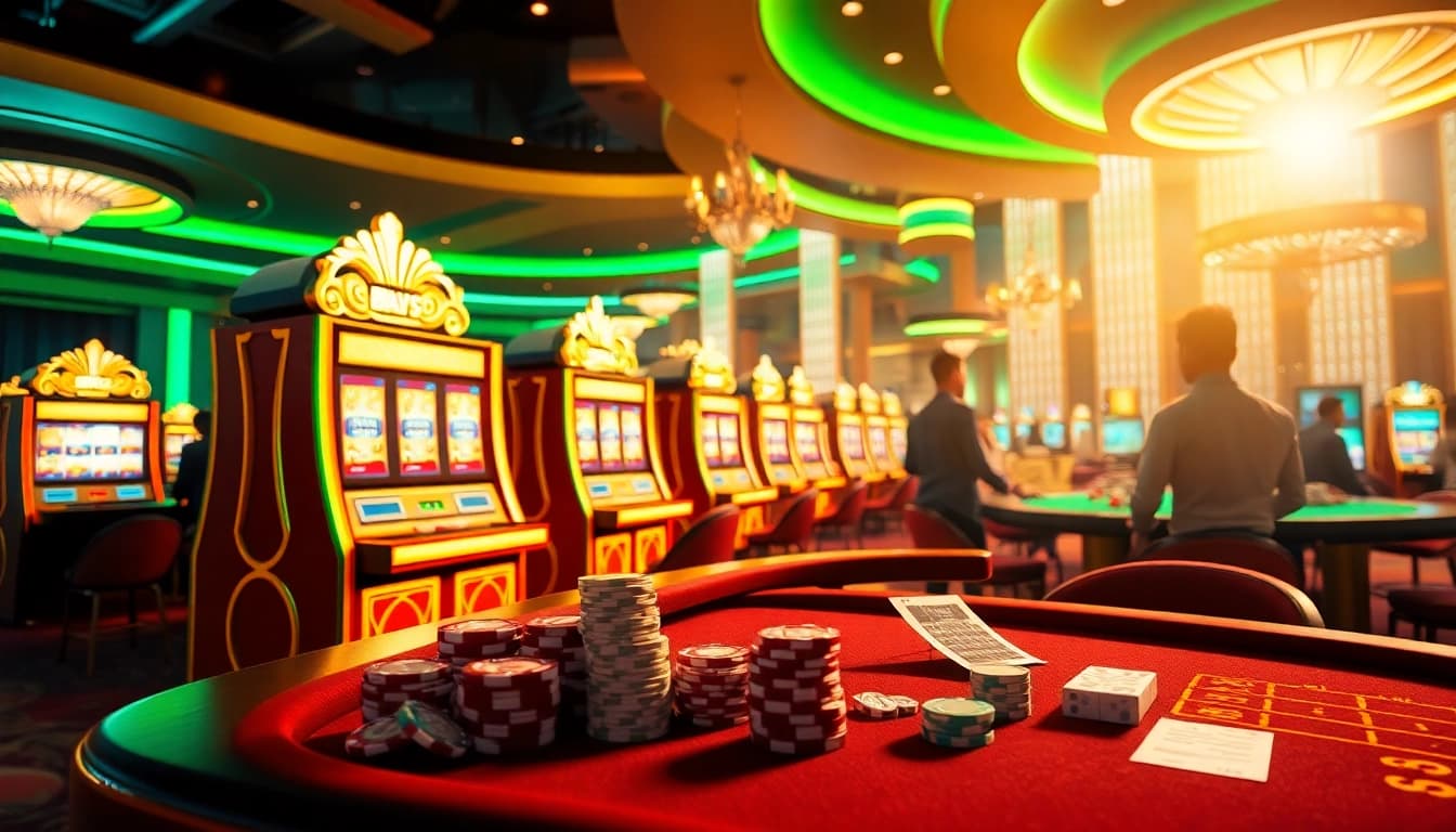 Experience the thrill of QQMacan with captivating slot machines and vibrant casino elements.