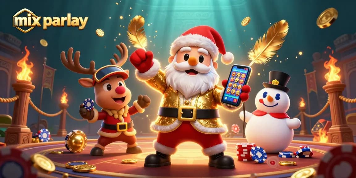 Engage with exciting mix parlay betting strategies featuring festive 3D characters in a colorful casino scene.