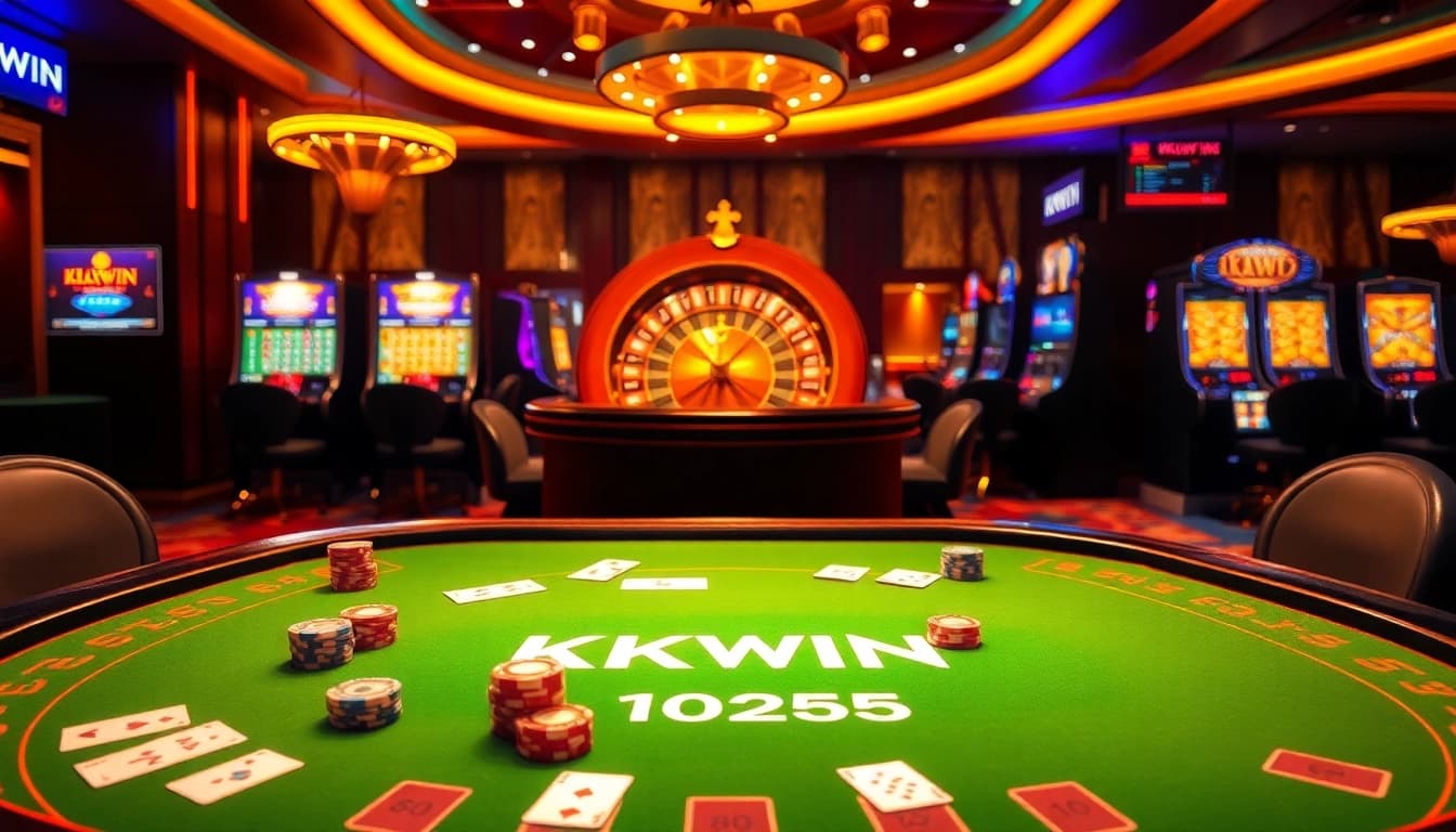 Experience elite gambling strategies at KKWIN through a vibrant casino scene with poker tables and slot machines.