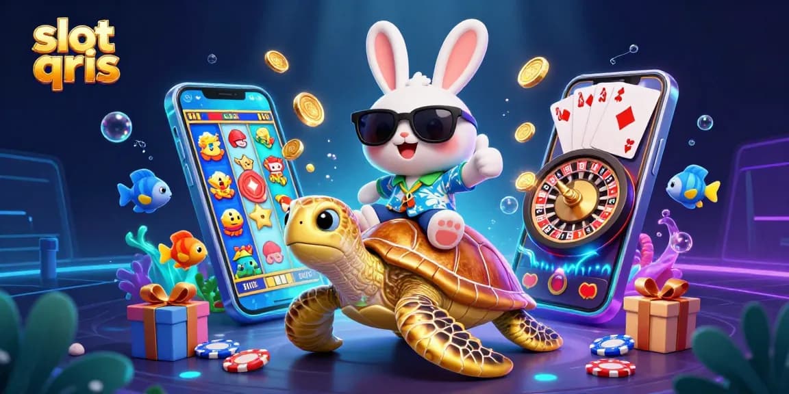 Experience the excitement of slot qris with a joyful rabbit and golden sea turtle in a vibrant, dynamic casino scene.