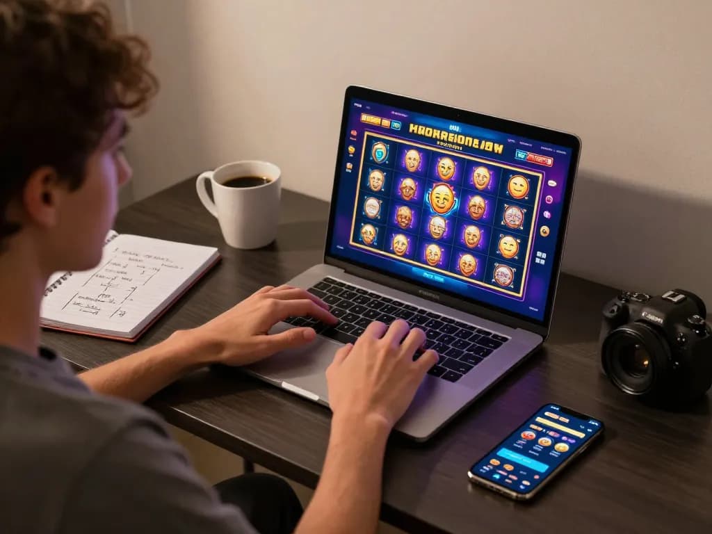 Spinadvisor user engaging with an online slot game on a laptop, cozy personal setting.