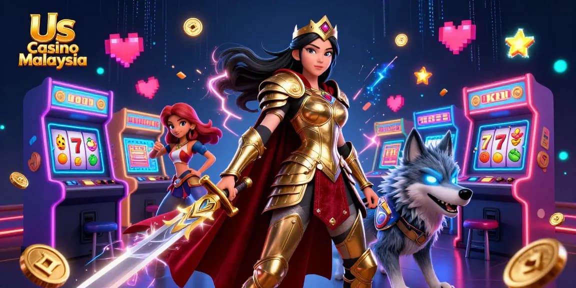Engage with Us Casino Malaysia's vibrant 3D scene featuring enchanting characters amidst lively gaming elements.