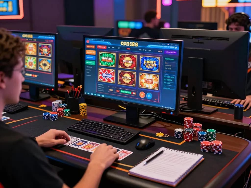Player enjoying open88 trang chủ interface on multi-screen setup, immersed in online gaming experience.