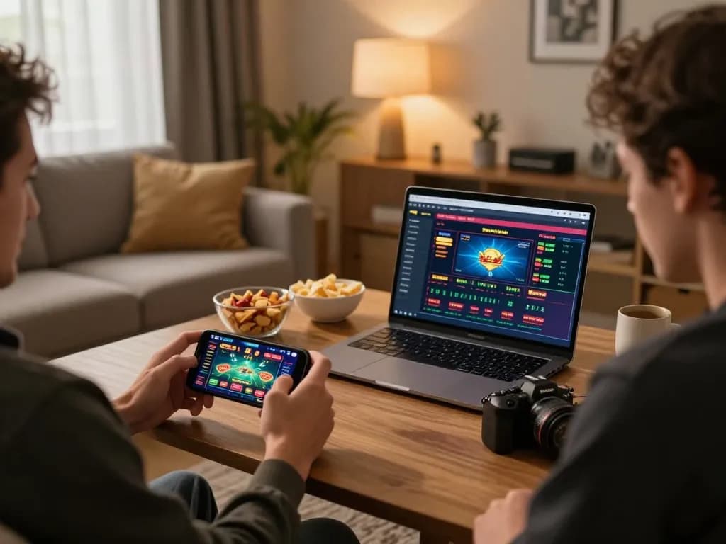 Engaging with m120 online gaming via smartphone in a cozy modern living room.