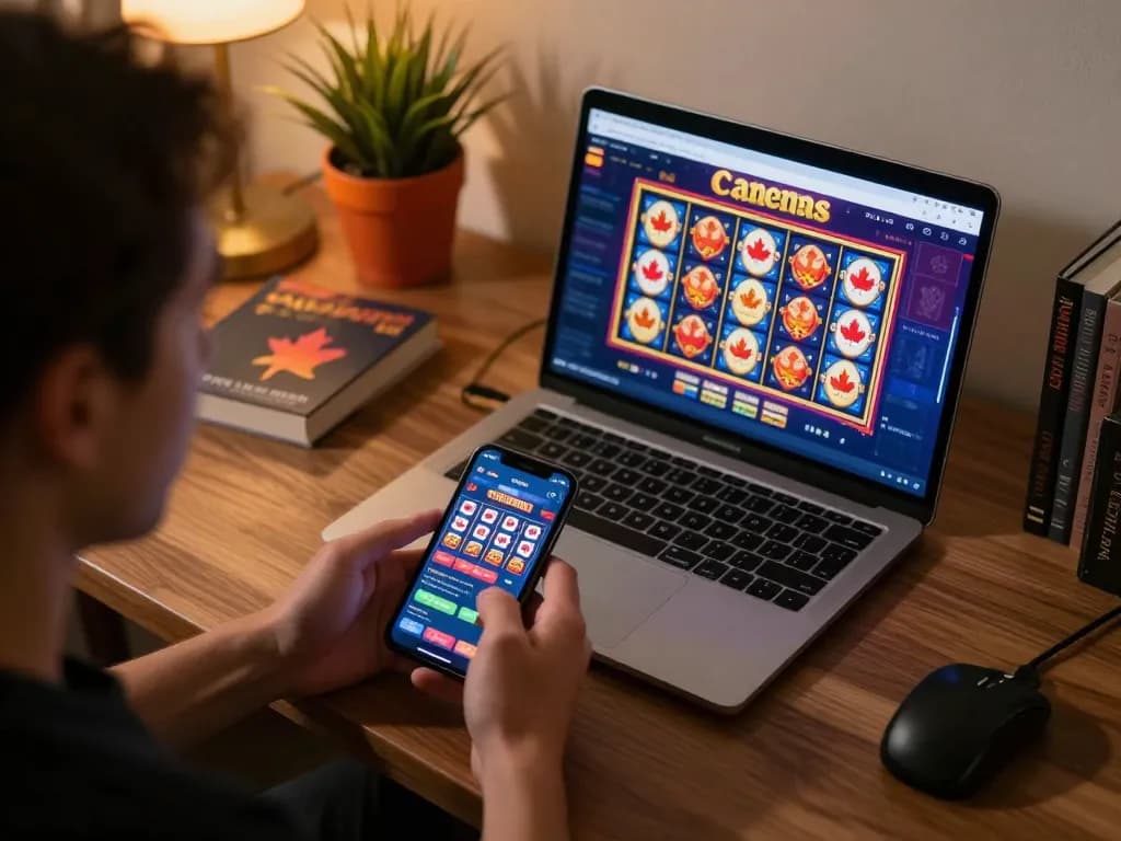 Engaging in online casinos in Canada with a laptop and smartphone in a cozy home office