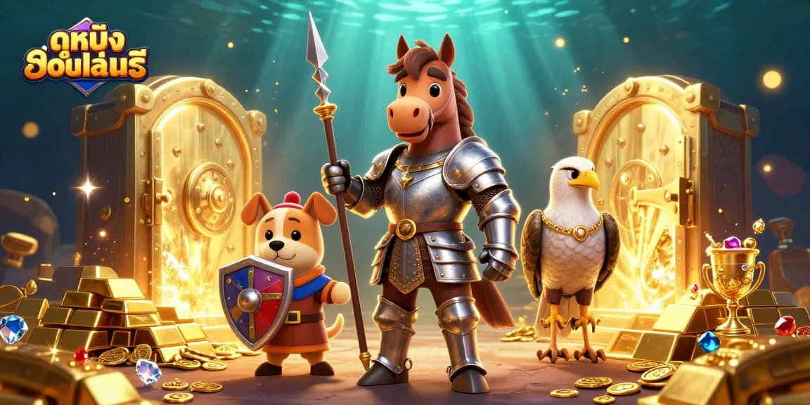 Experience ดูหนังออนไลน์ฟรี with immersive 3D characters in a vibrant, treasure-filled casino scene.