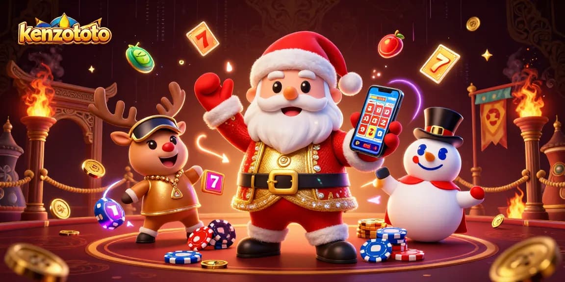 Kenzototo brings excitement with a festive slot game illustration featuring Santa, a reindeer dealer, and a poker chip snowman.