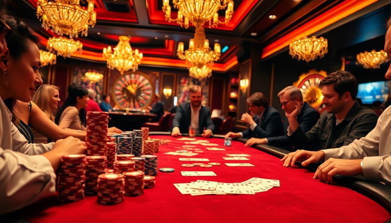 Players enjoy a thrilling poker game at a luxurious casino, showcasing PG excitement through vibrant chips and cards.