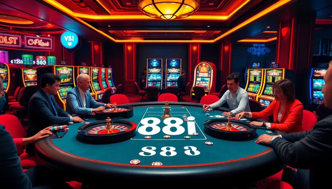 Players enjoying a high-stakes poker game at 88i casino with vibrant chips and cards.
