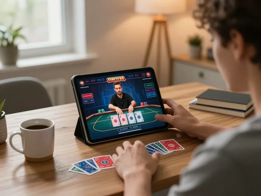 Player enjoying a live dealer game on a tablet, experiencing the thrill of 888top online casino