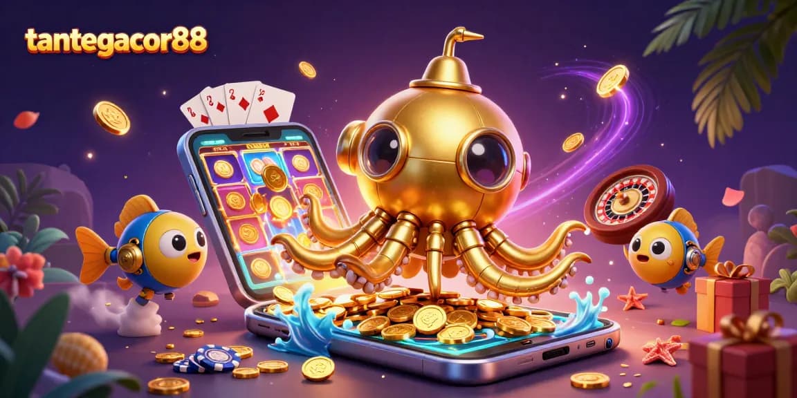 Tantegacor88 menampilkan kraken emas berlayar dengan permainan slot berwarna-warni dan koin emas menyebar.