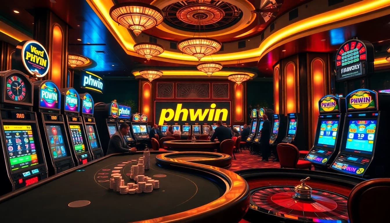 Exciting view of a modern casino featuring phwin games with poker tables and slot machines.