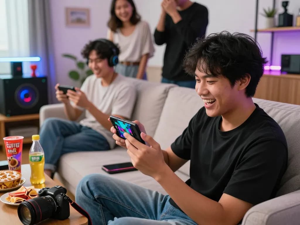 A young gamer enjoying the God55 online gaming experience on a smartphone, surrounded by friends and snacks.