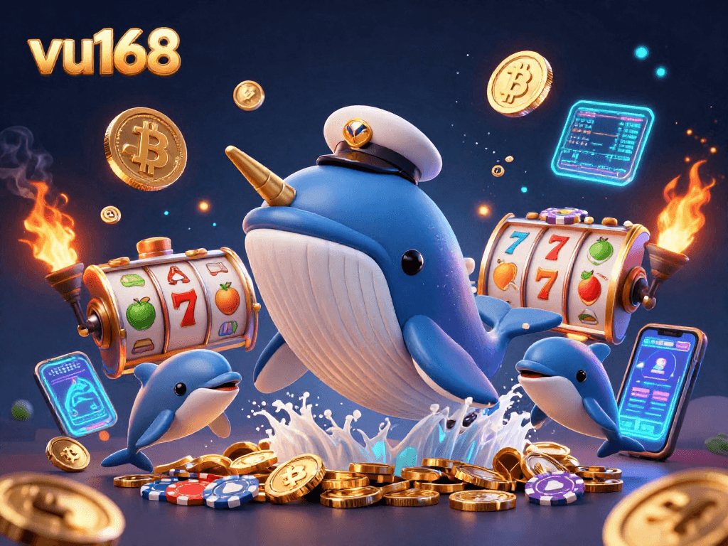 Experience thrilling slots action with vu168 in a vibrant underwater scene featuring a whale and crypto elements.