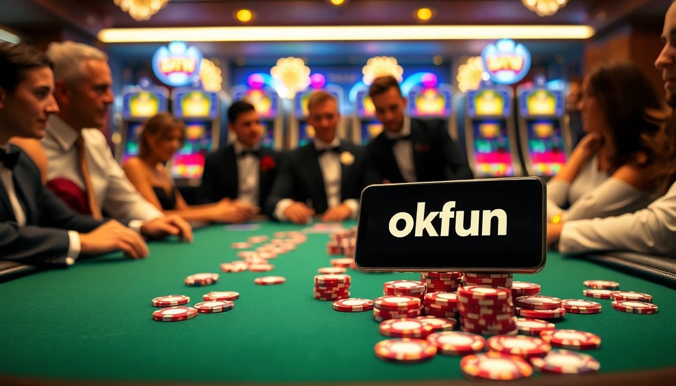 Engaged players strategizing at a poker table, showcasing excitement with the app okfun displayed prominently.