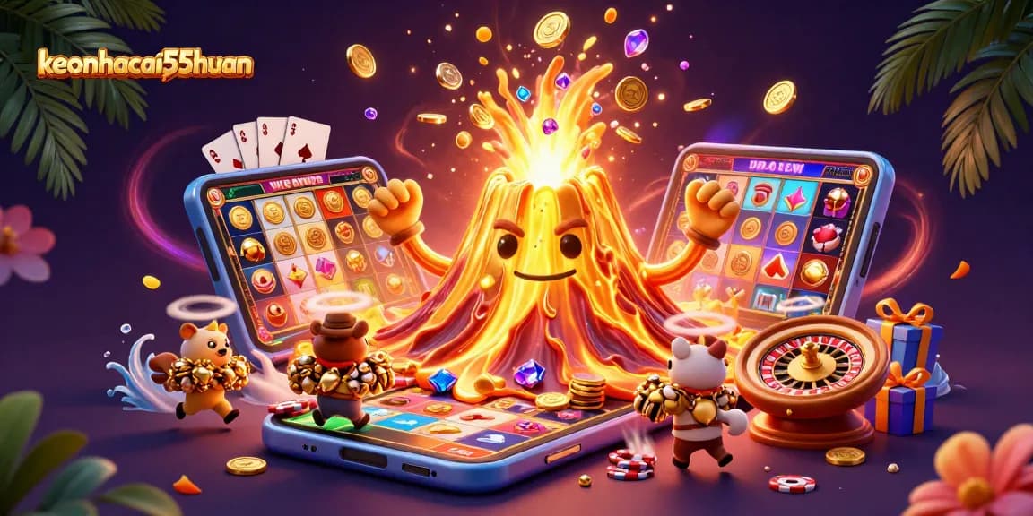 Win big with keonhacai55chuan and witness a triumphant volcano erupting treasures amidst vibrant casino elements.