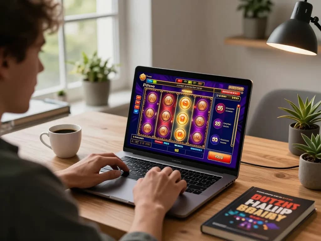 Engaging online gambling experience with luckyindex showing vibrant slot game on laptop.