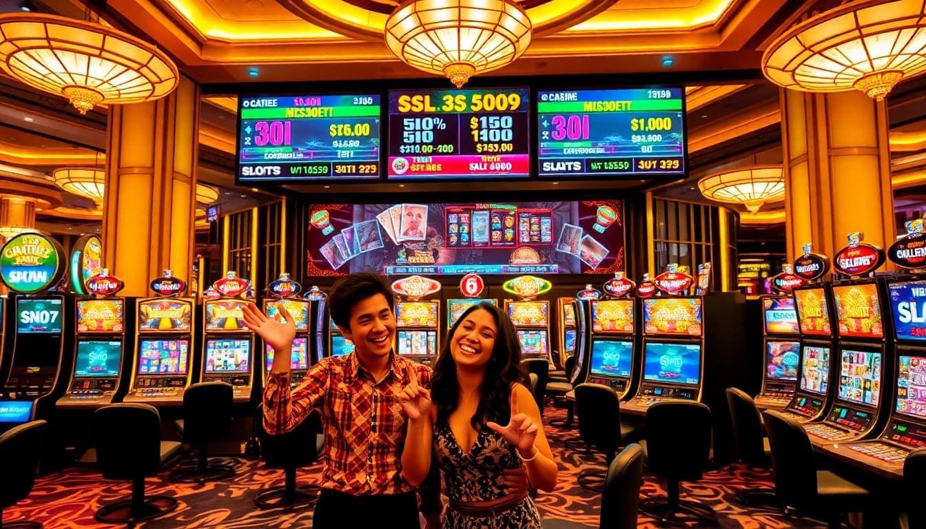 SLOT99 players enjoying vibrant slot machines in a luxurious casino atmosphere.