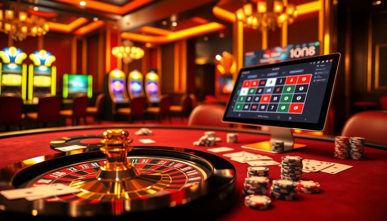 RR88 casino scene showcasing a vibrant gaming table with roulette, poker chips, and cards.