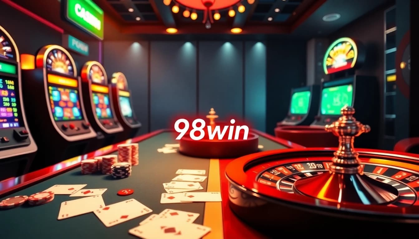 Engage with the vibrant gaming atmosphere at link 98win featuring exciting casino tables, poker chips, and lively slot machines.