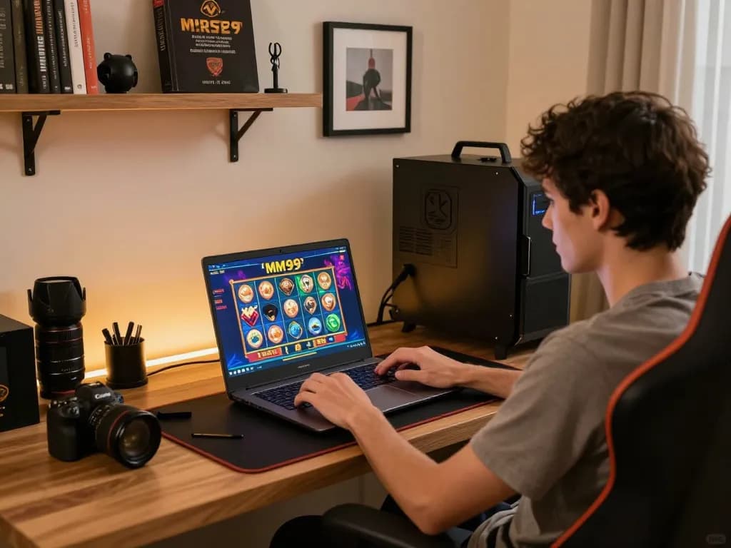 Playing MM99 Slot on a laptop in a cozy home office setup highlights online gaming excitement.