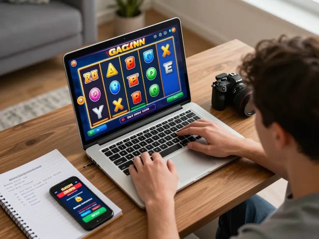 Pemain yang bermain game slot gacor di laptop selama sesi permainan di rumah yang nyaman.