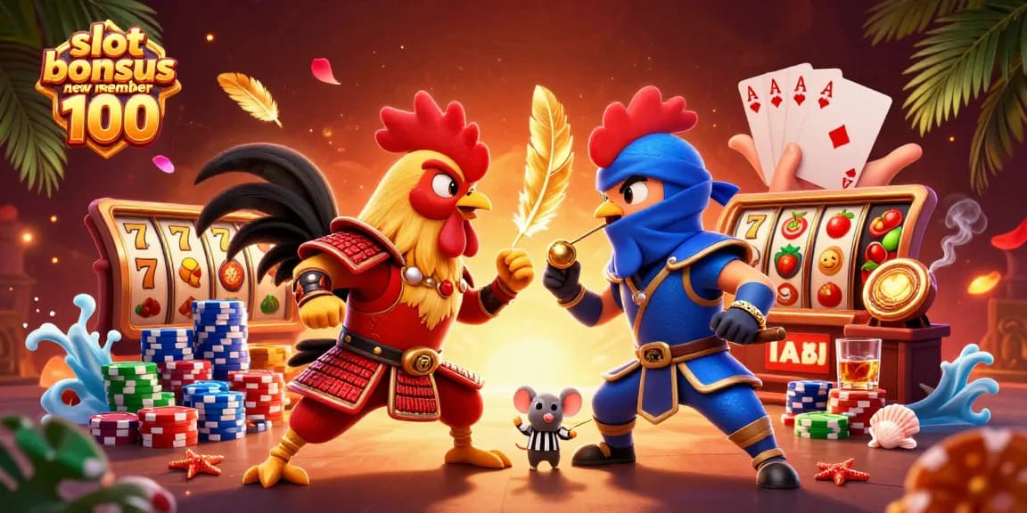 Engage with the slot bonus new member 100 promotion in a vibrant casino scene showcasing playful roosters and slot elements.