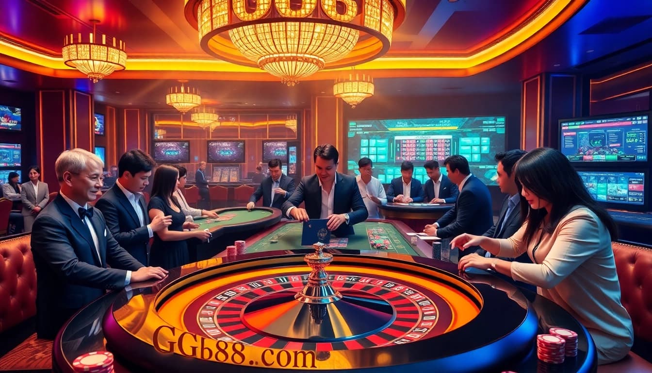 Experience thrilling gaming action at gg88 com with vibrant casino elements like poker chips and roulette.