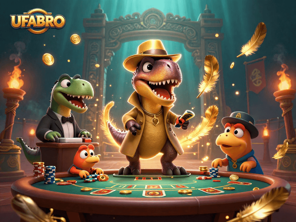 UFABRO offers vibrant 3D casino scene with dinosaur characters engaged in gambling action.
