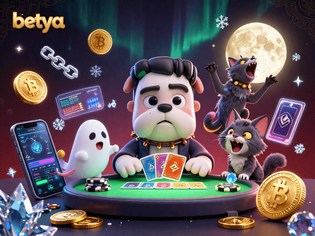 Engaging 3D scene featuring betya's card-dealing bulldog monster and cryptocurrency elements in a vibrant casino setting.