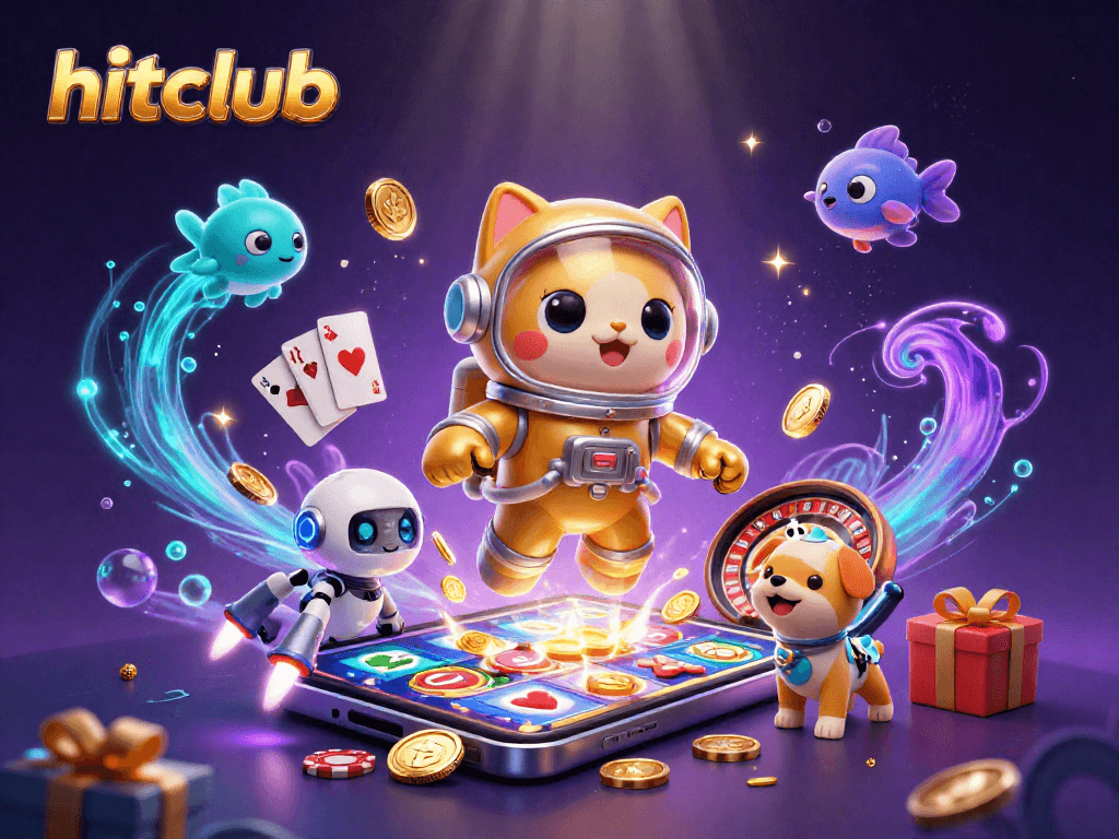 Hitclub's interactive 3D casino scene featuring an astronaut cat, robot dog, and vibrant gambling elements.
