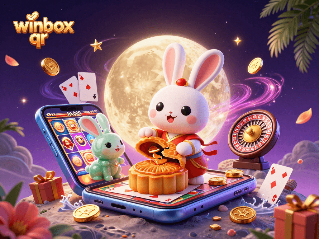 Engage with winbox qr in a vibrant 3D casino scene featuring lucky moon characters and casino elements.