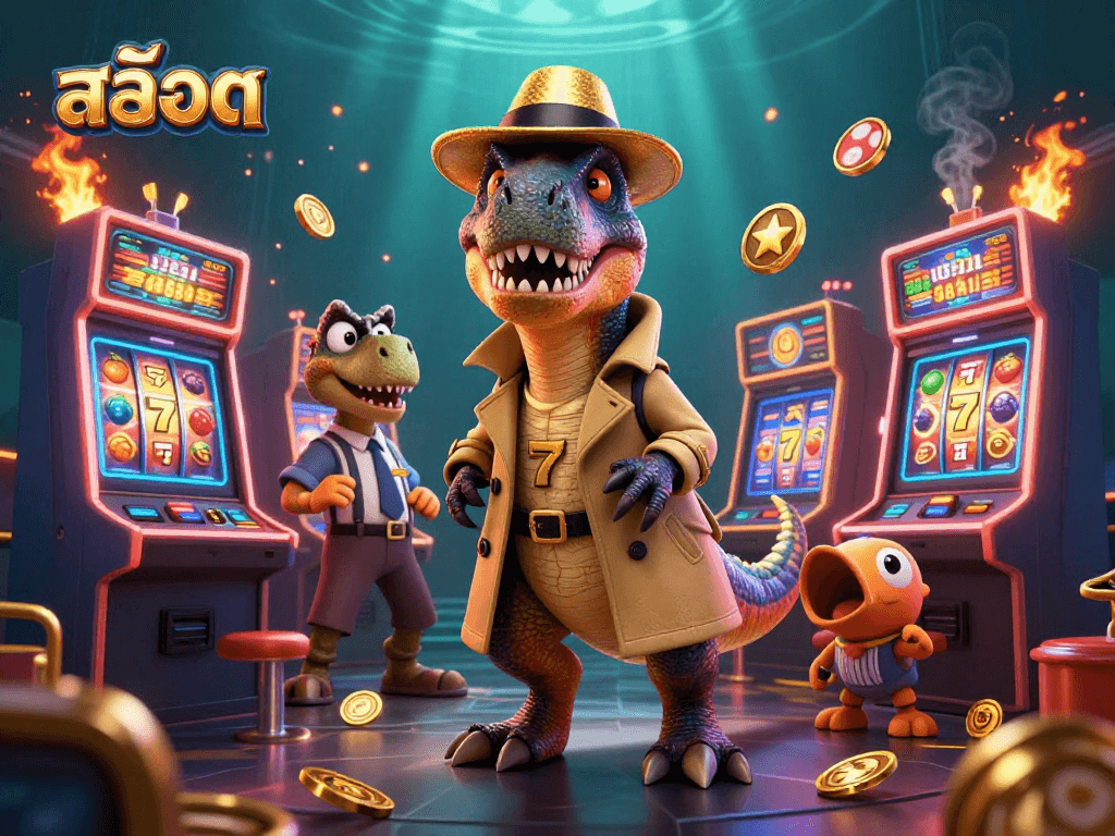 Engage in exciting สล็อต gameplay as a velociraptor encounters a stegosaurus pit boss and a sneaky compy pickpocket.