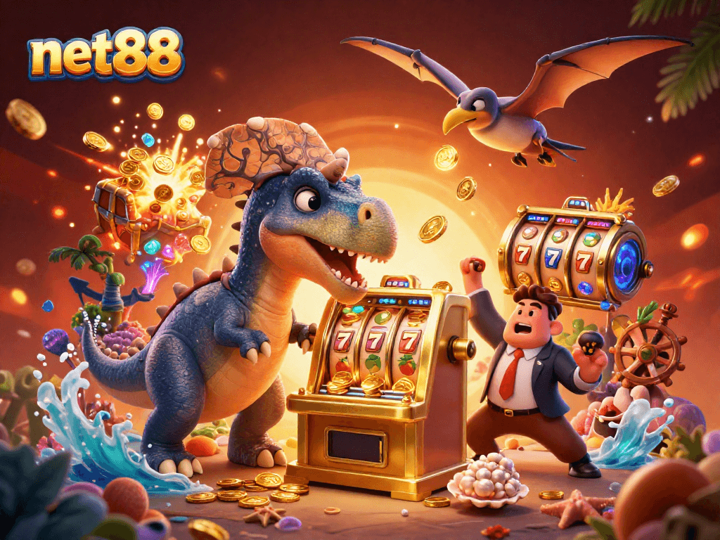 Catch jackpot wins at net88 with a cartoon dinosaur hitting a golden slot machine!